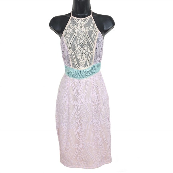 House of CB Womens Dress Alvaro Pink Purple Pastel Floral Lace Halter Bodycon S - Picture 2 of 10